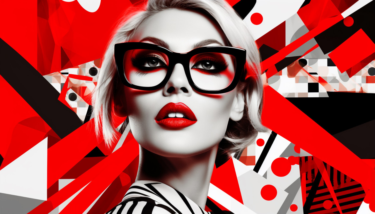 Woman in glasses with abstract red background, collage style art