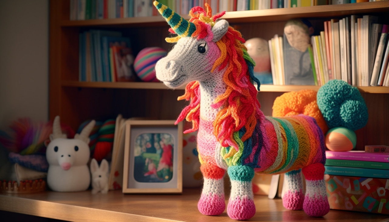 Unicorn plush toy reading book, crocheted style art
