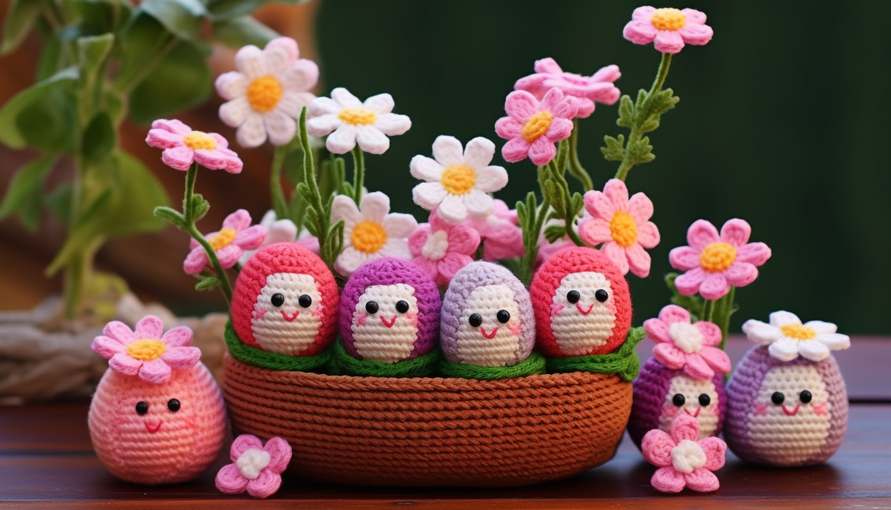 Crocheted easter flowers in a pink pot, crocheted style art
