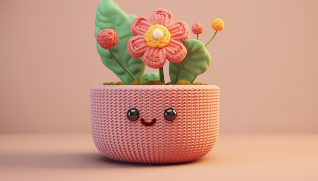 With a crochet flower in a pink pot, crocheted style art