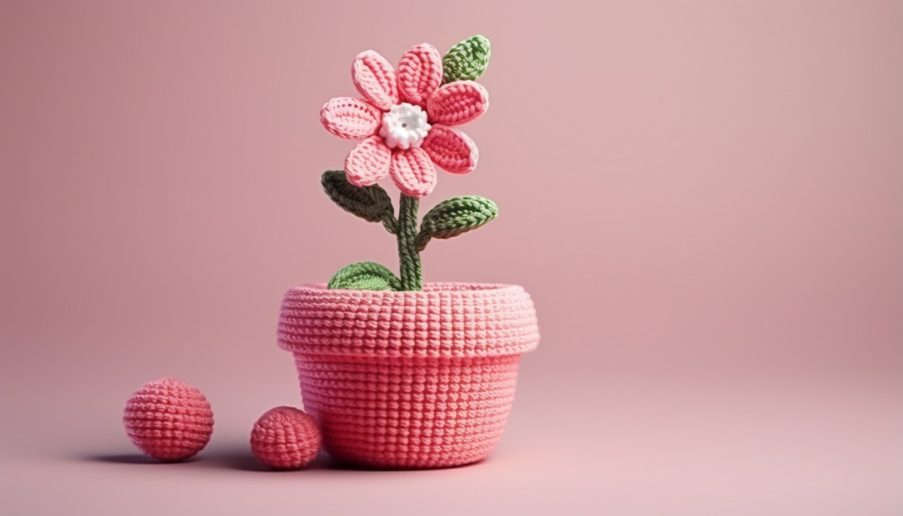 Crochet flower arrangement in pink pot, crocheted style art