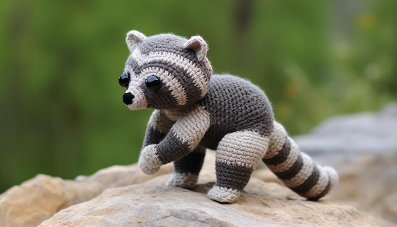 Raccoon crocheted in gray and grey and stands on a flat rock, crocheted style art