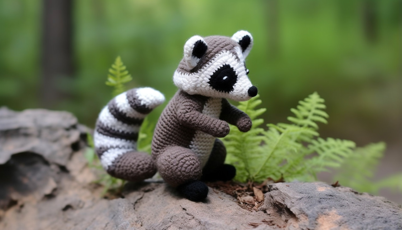 Crocheted raccoon in gray and gray, crocheted style art