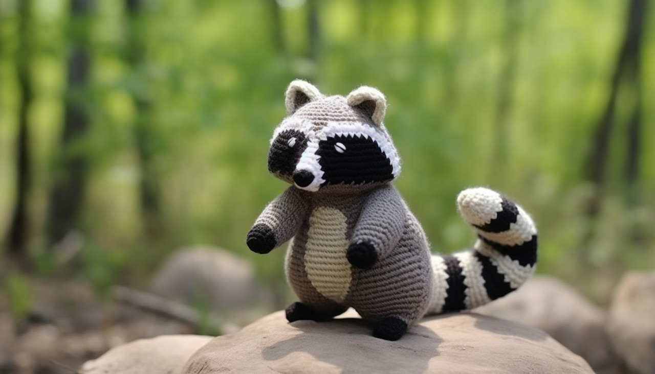 Standing crocheted raccoon in grays, crocheted style art