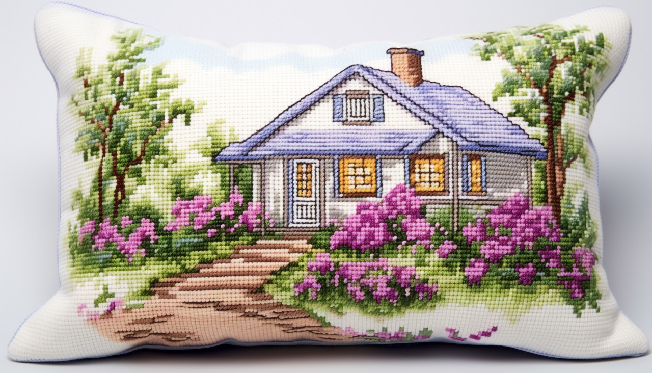 A cross stitch pillow with a countryside house and green flowers, cross stitching style art