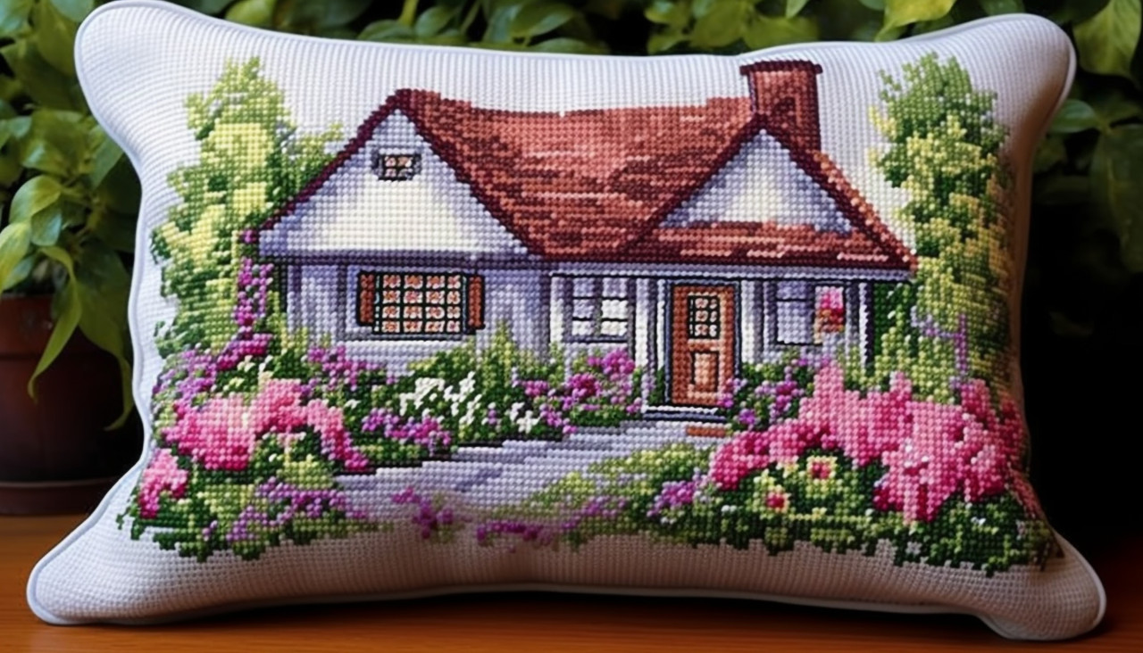 Cross stitch cottage pillow, cross stitching style art