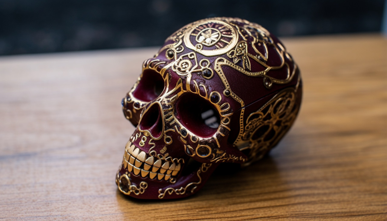 An intricately embossed sugar skull on a light wooden table, cross stitching style art