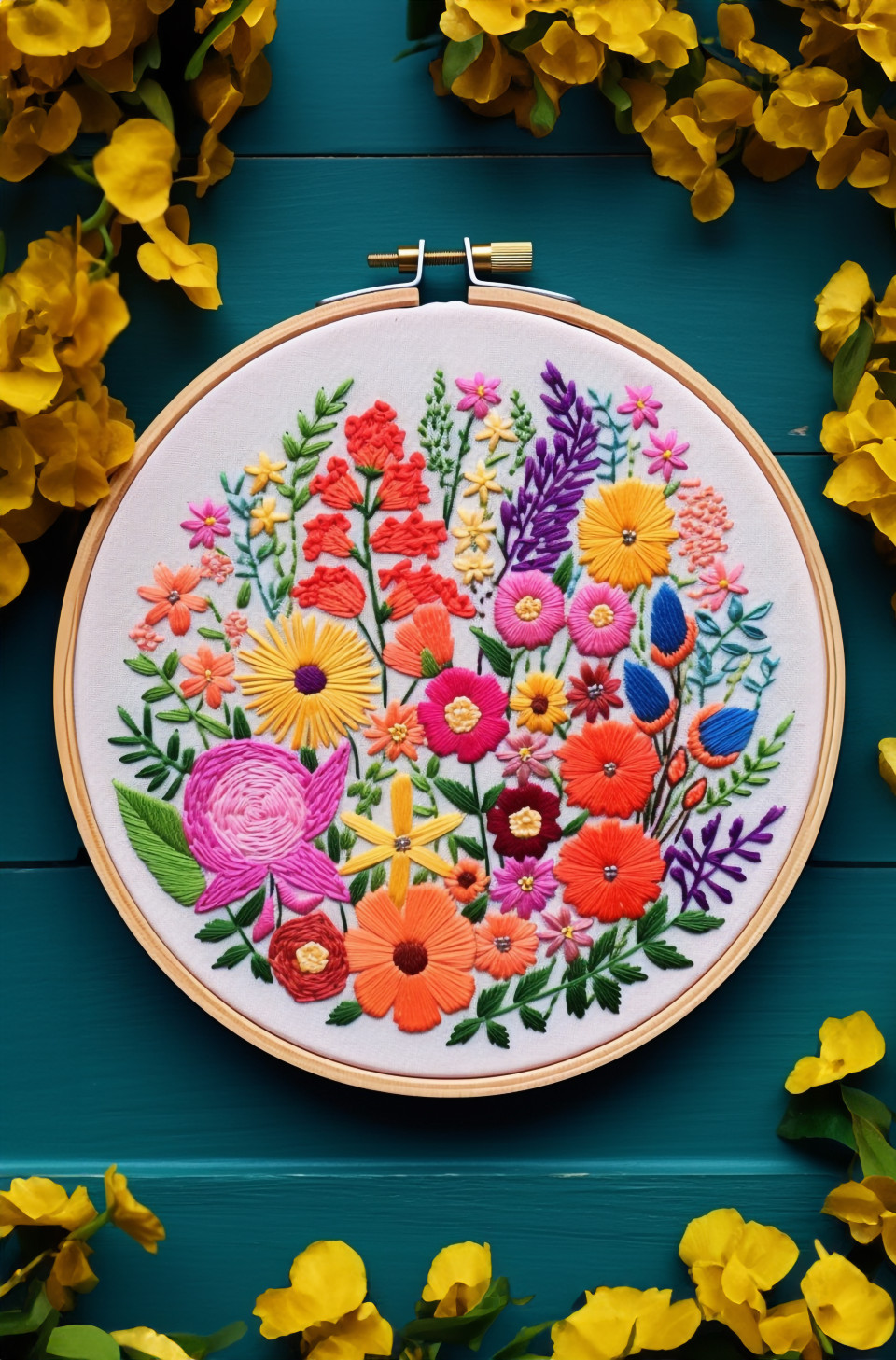 A colorful embroidery hoop full of beautiful flowers, cross stitching style art