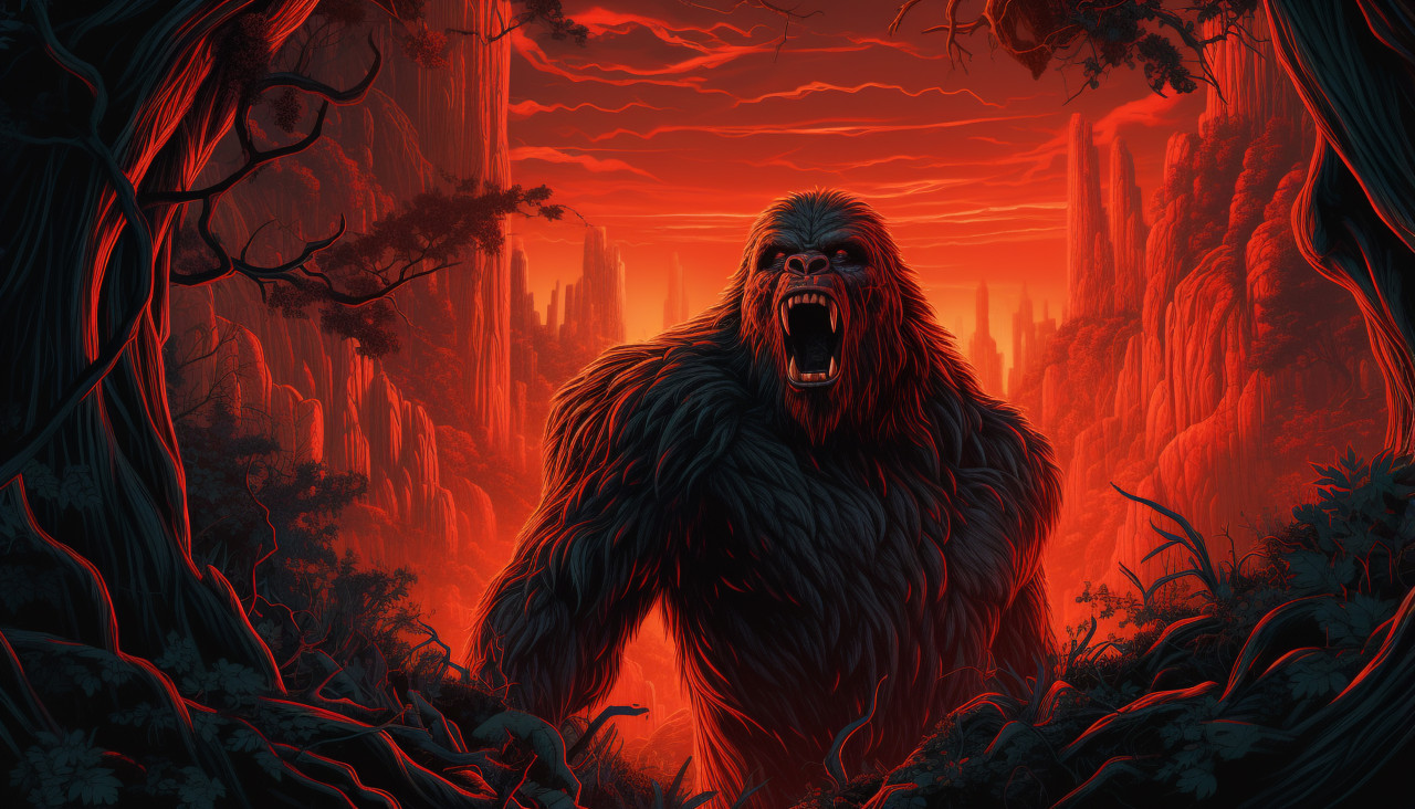 An artwork from the movie kong featuring an enormous gorilla, decals style art