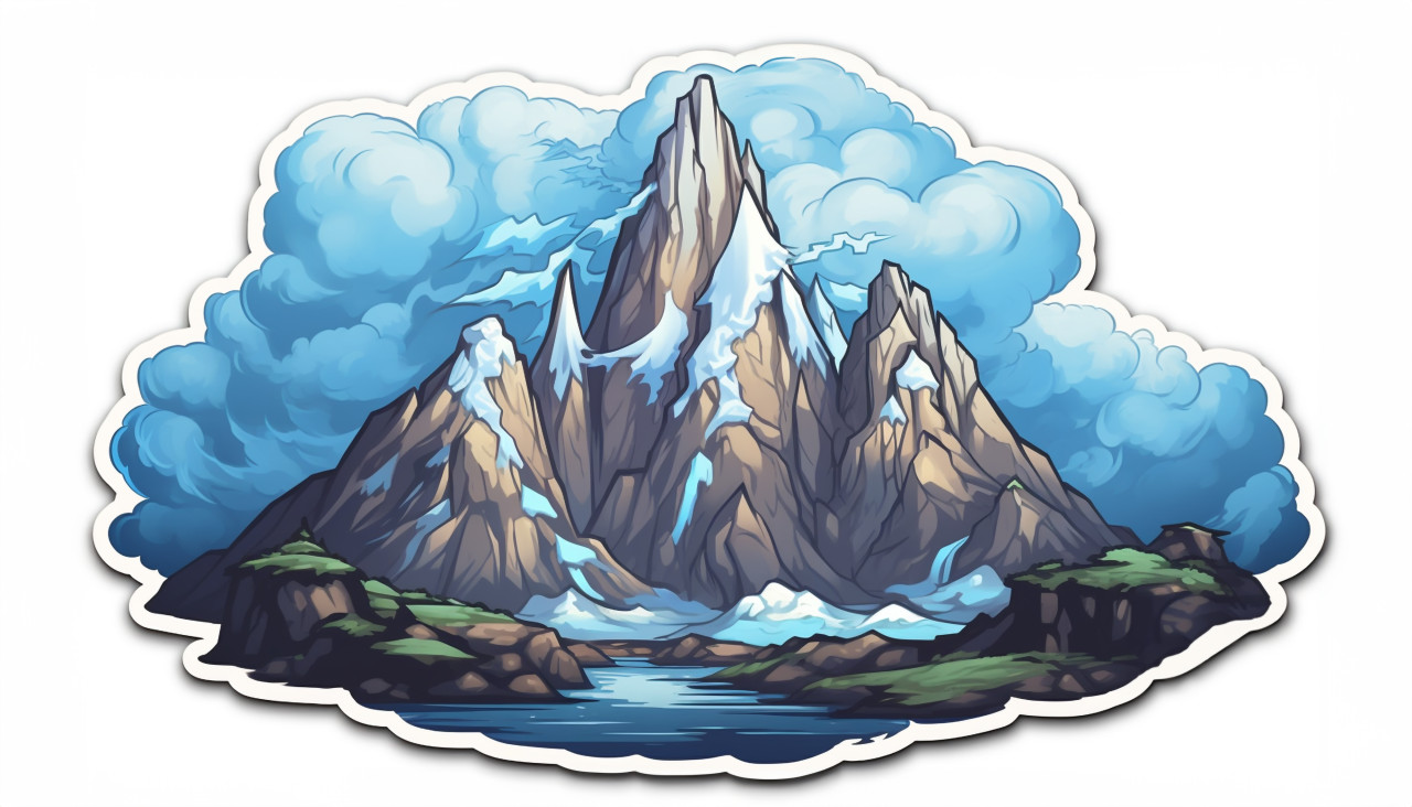 A sticker of a snowy mountain with clouds, decals style art