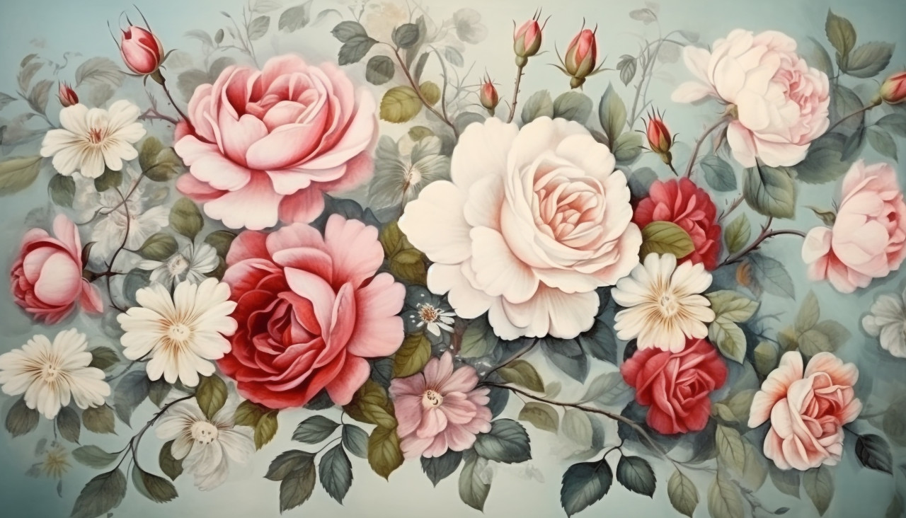 A painting shows a group of roses on antique paper, decoupage style art