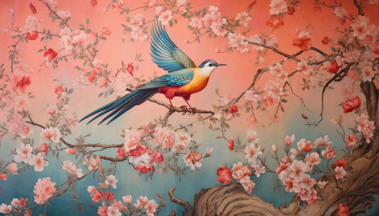 The wallpaper depicts a bird flying across a pink and orange floral pattern, decoupage style art