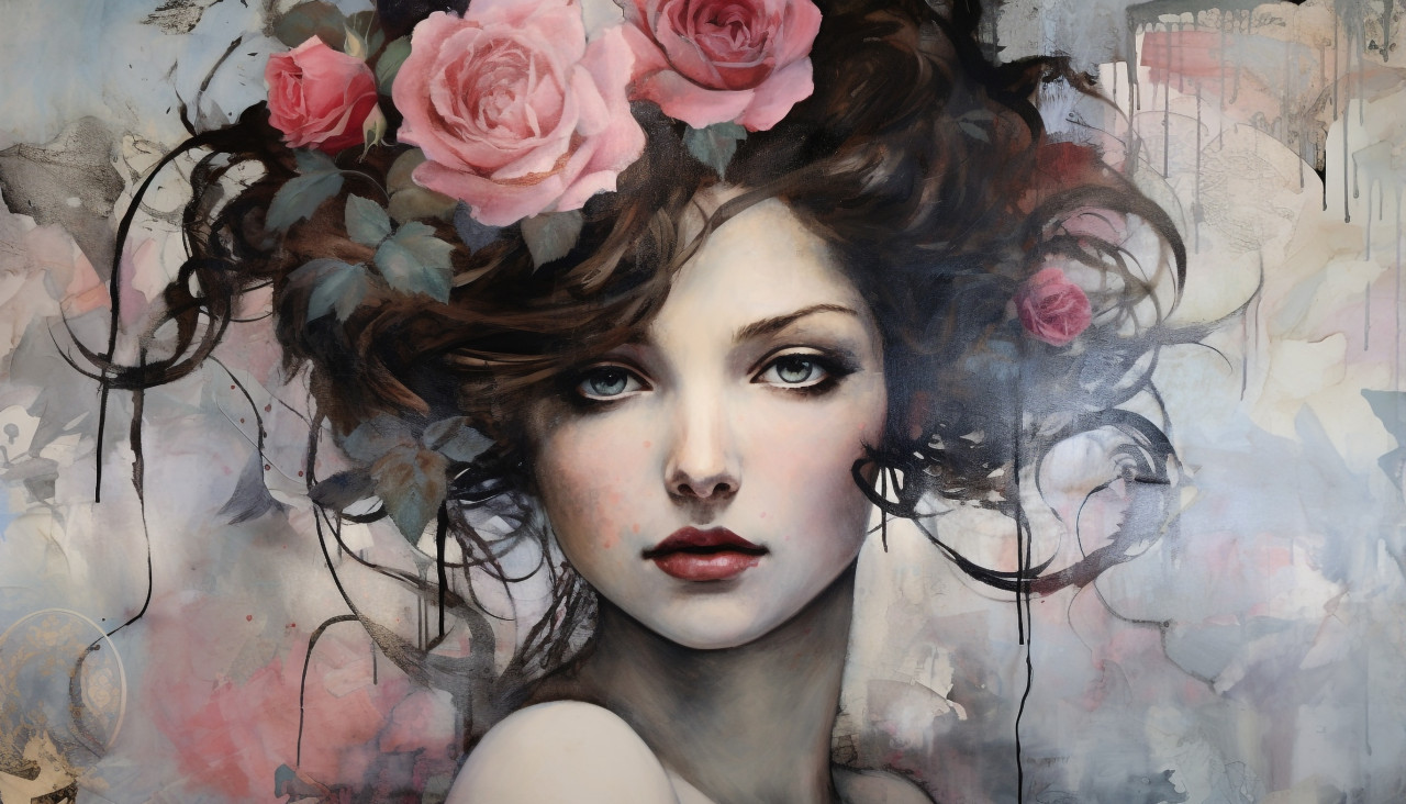 A painting with roses on the face of a woman, decoupage style art