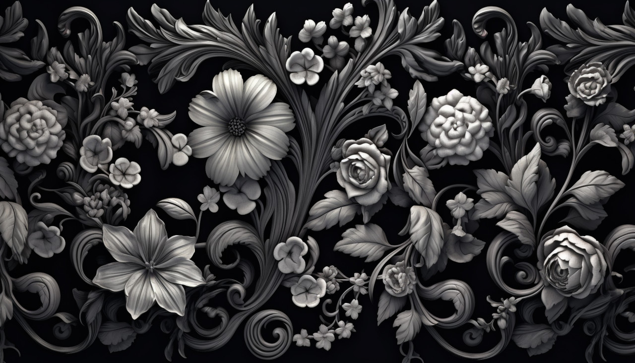 An ornate black background with flowers on it, embossing styles