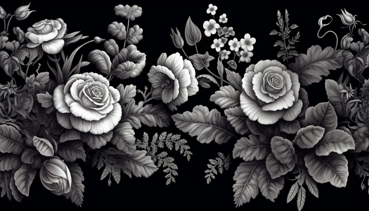 Ornate black background with flowers, embossing styles