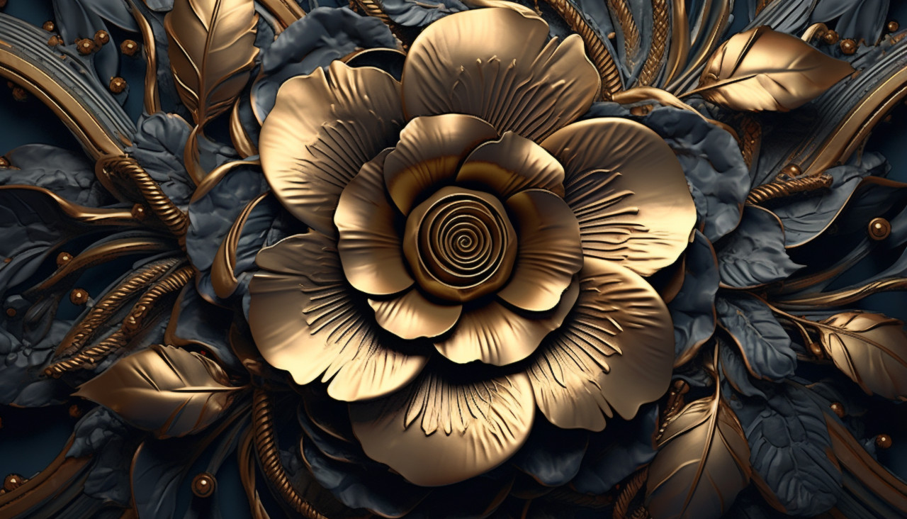 Realistic golden flower closeup, embossing styles