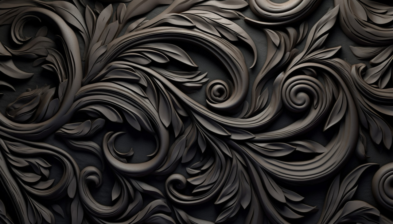 A black abstract wallpaper with swirly ornaments, embossing styles