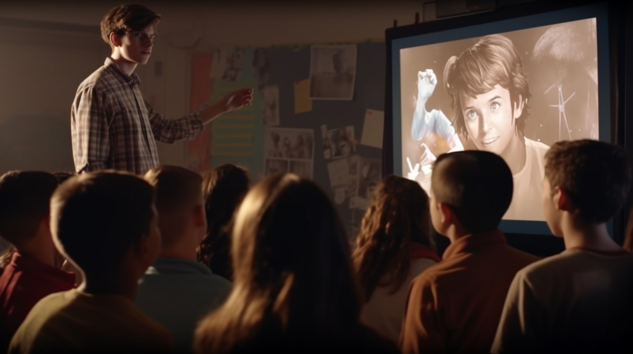 A teacher using a projector to show, education