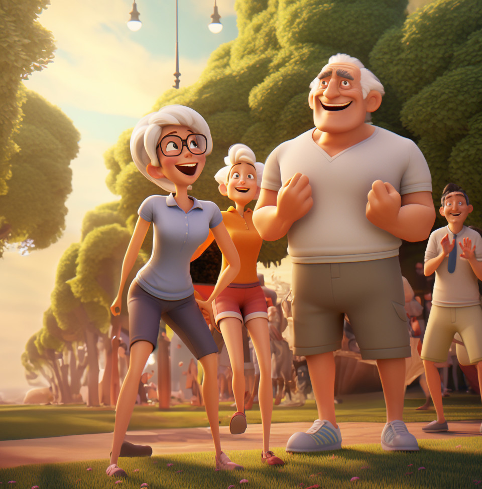 A group of people of all ages and fitness levels doing aerobics in a park, fitness