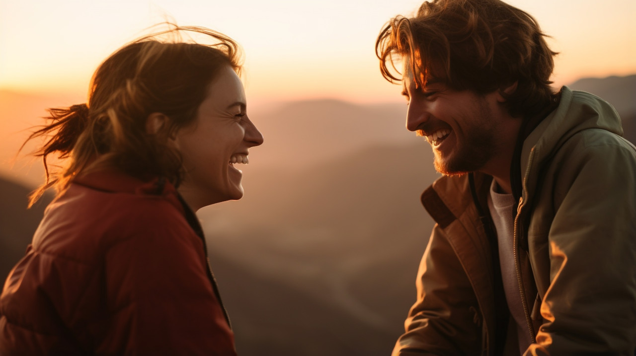 Couple laughing at sunset, mental health