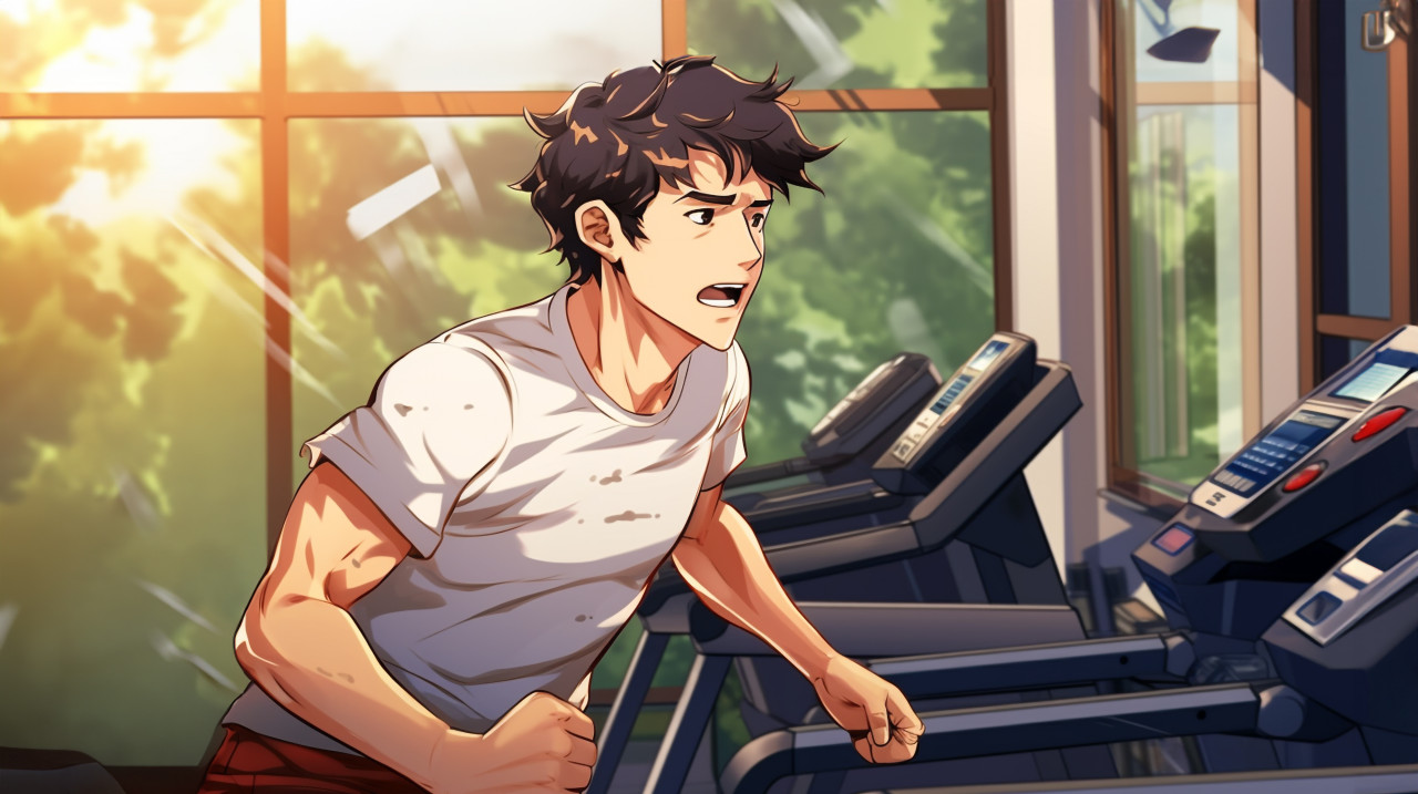 Man sweating on treadmill during intense workout