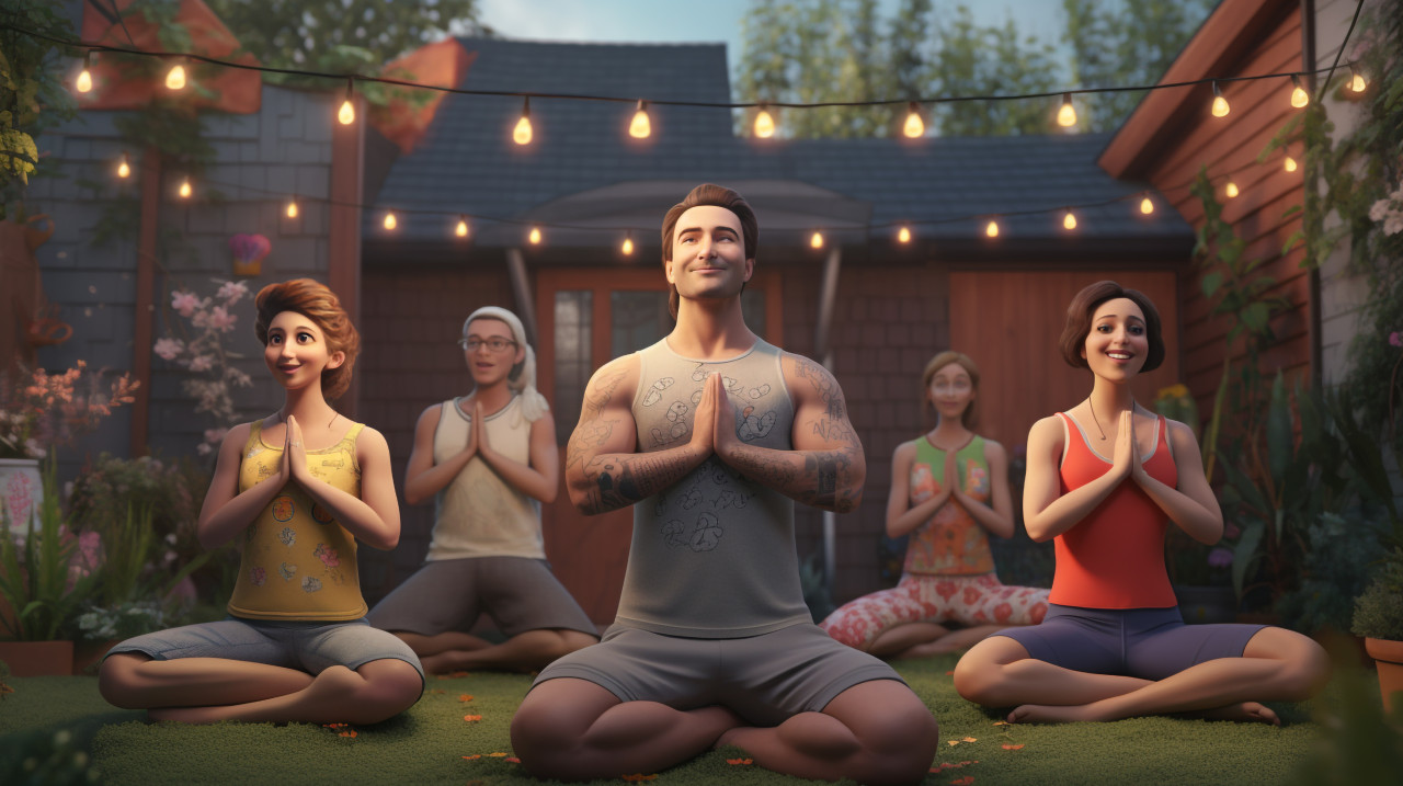 A group of friends doing yoga in a backyard
