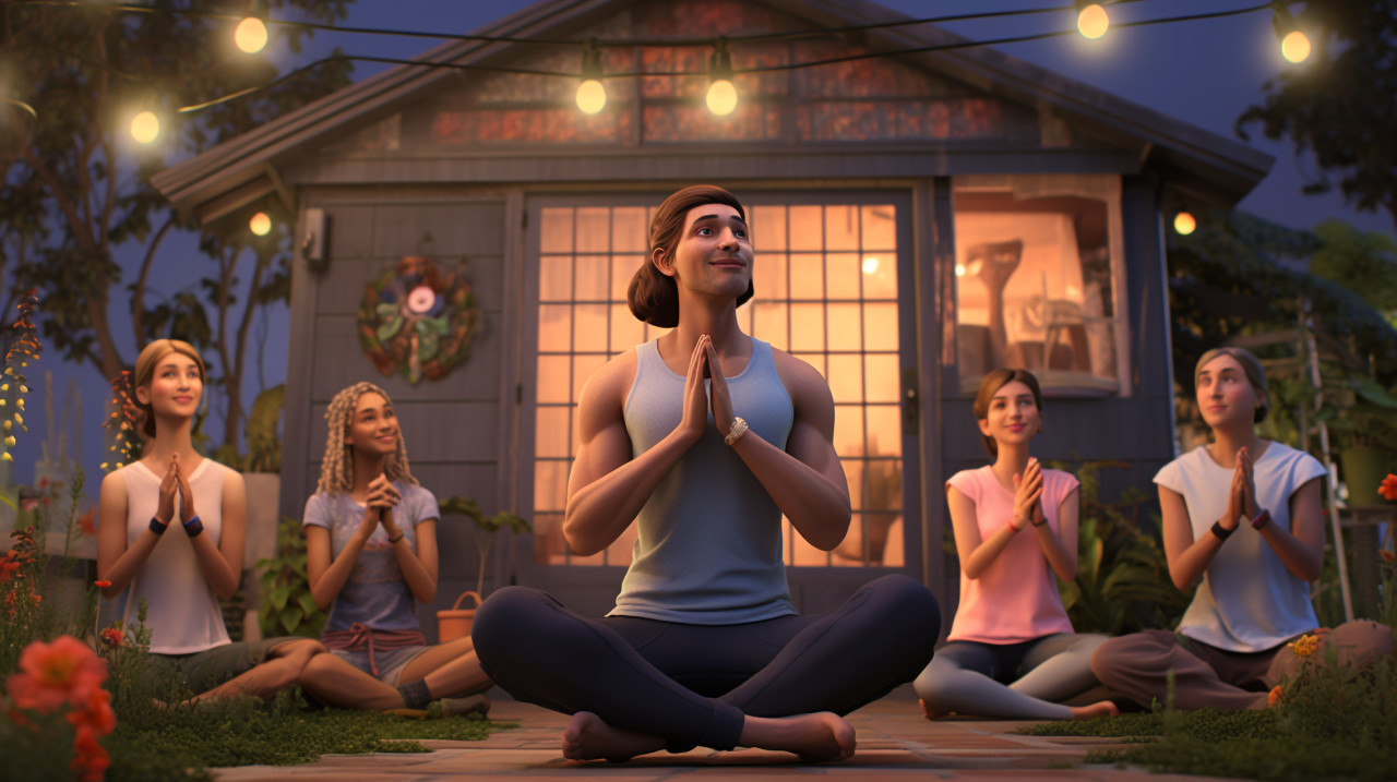 Friends doing yoga in backyard