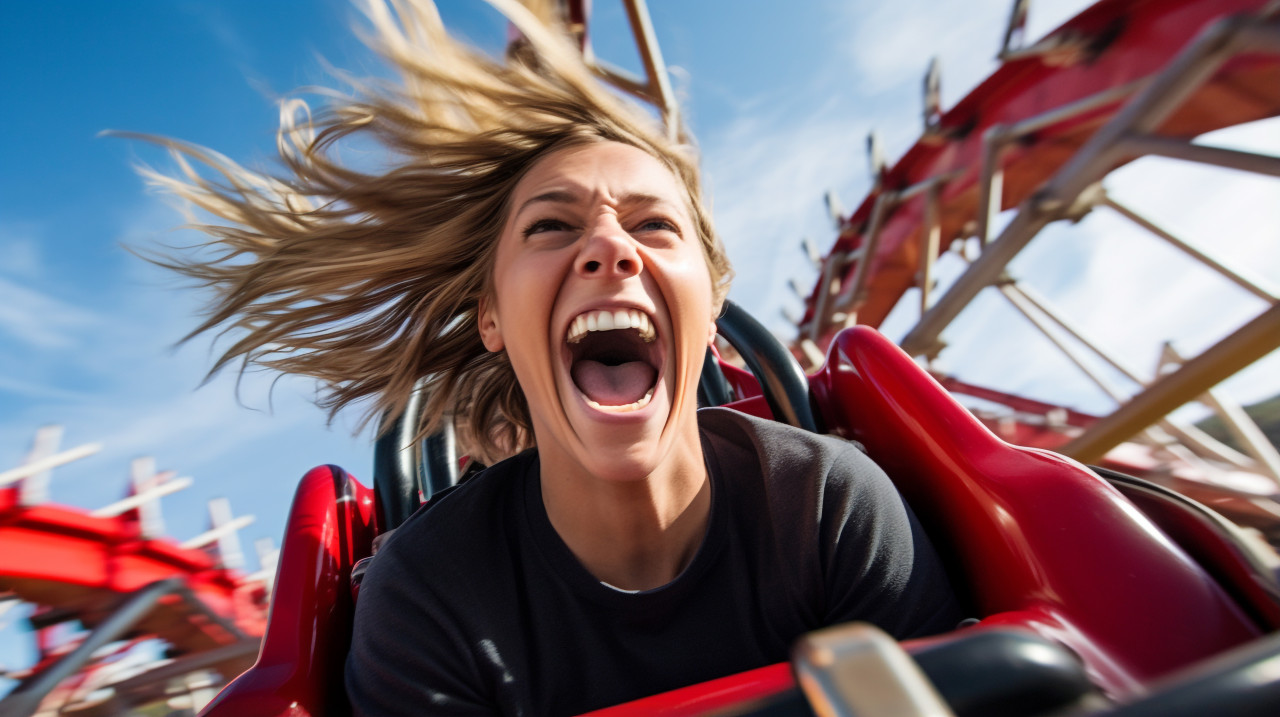 A person laughing as they ride a roller coaster