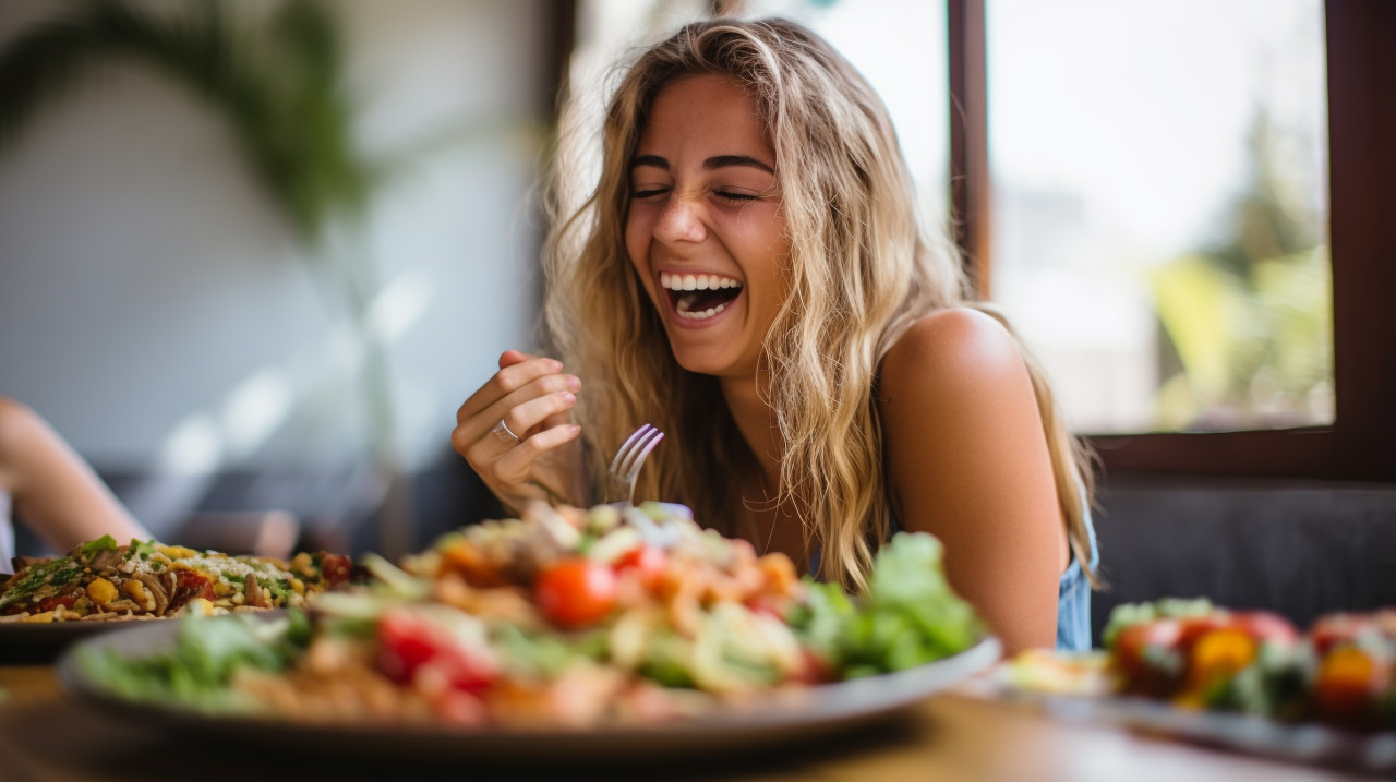 A person laughing as they eat their favorite food