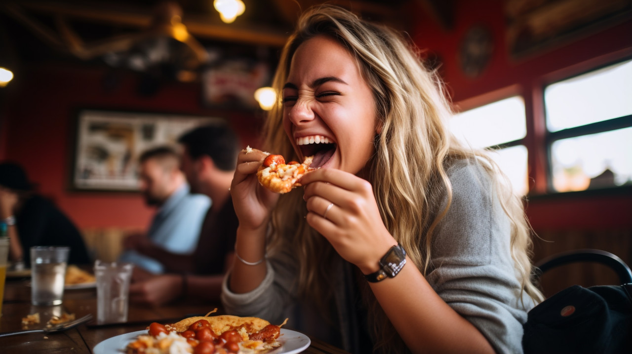 Laughing women eating pizza with delicious dish