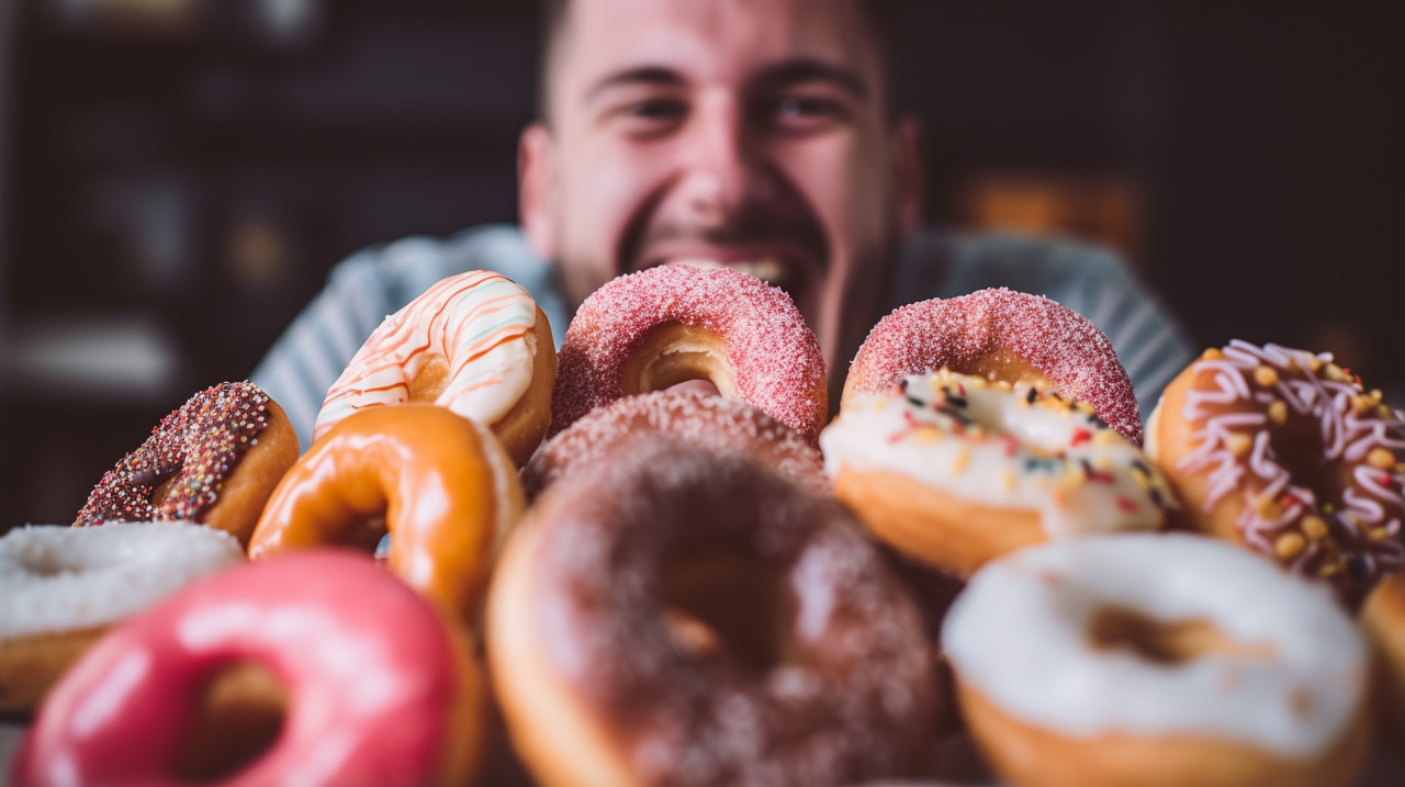 Joyful eater with mouth full of food