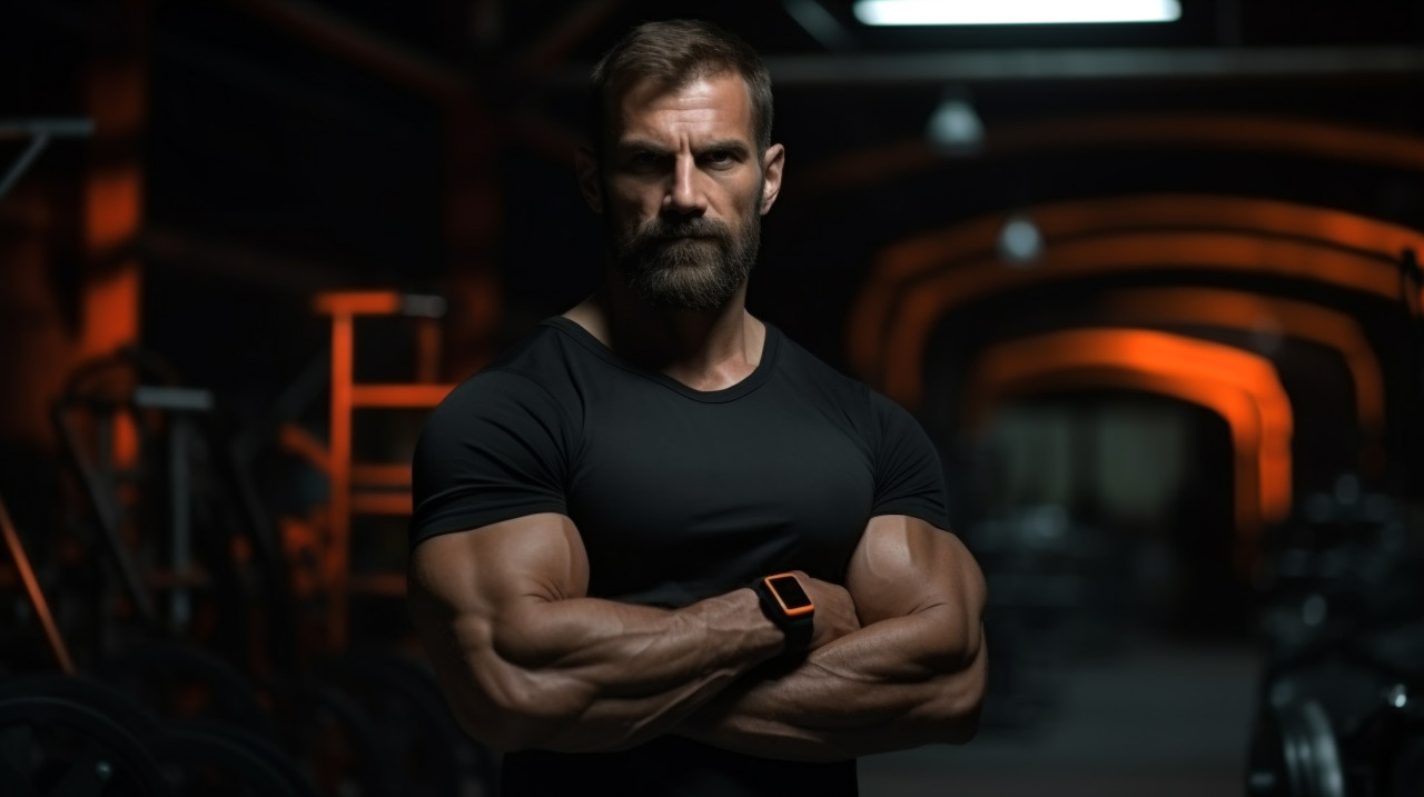 The bodybuilder is posing for a photo in a black