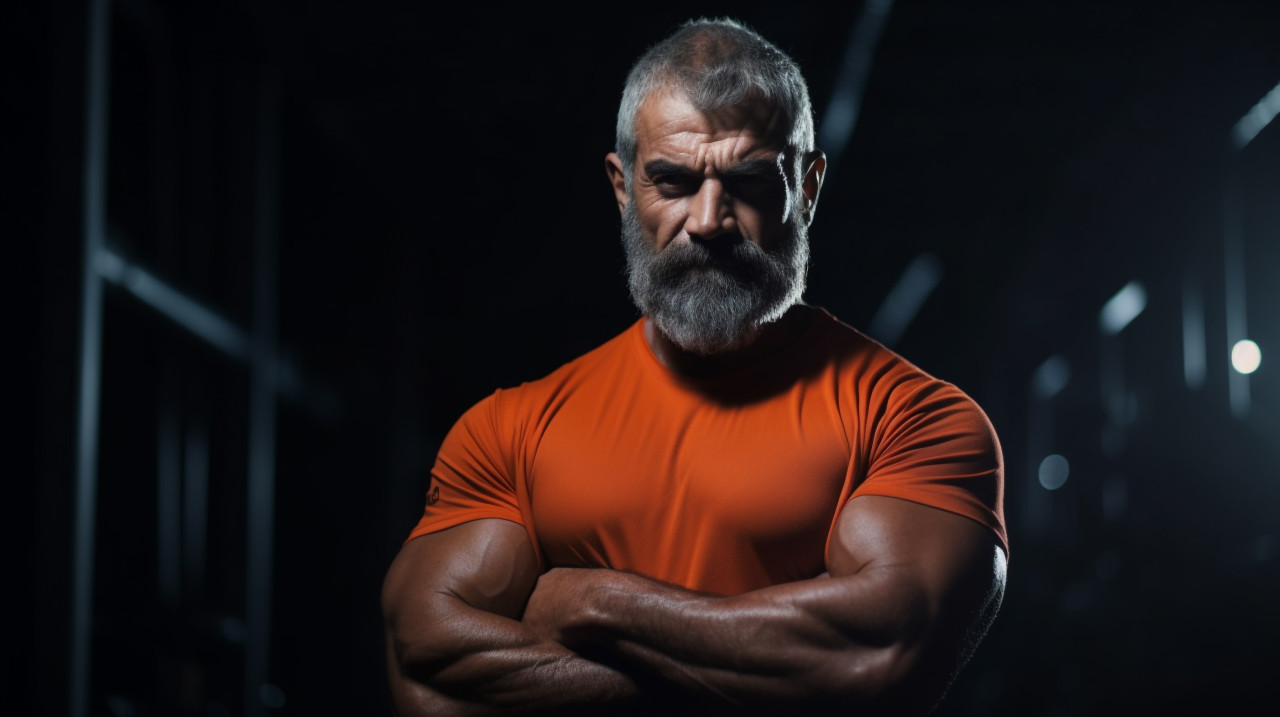 Muscular athlete flexes in black