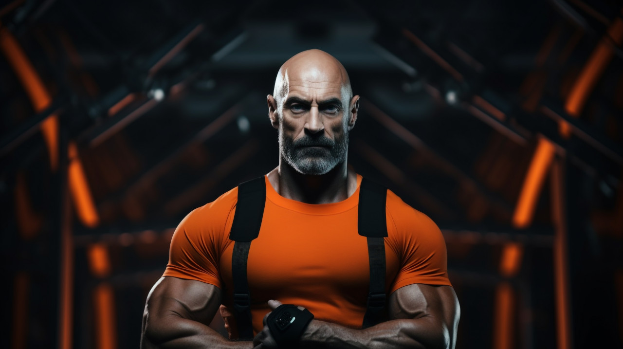 Powerful bodybuilder in dark clothes