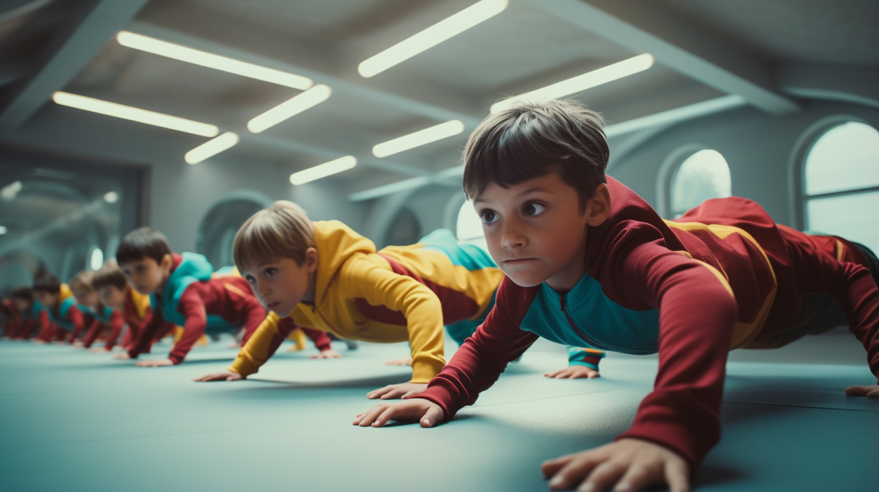 Children are doing push up routines in a gym