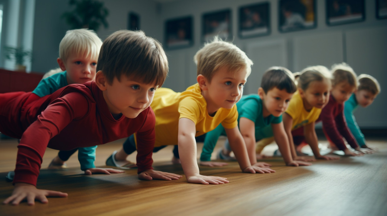 Children practicing pushups in fitness center