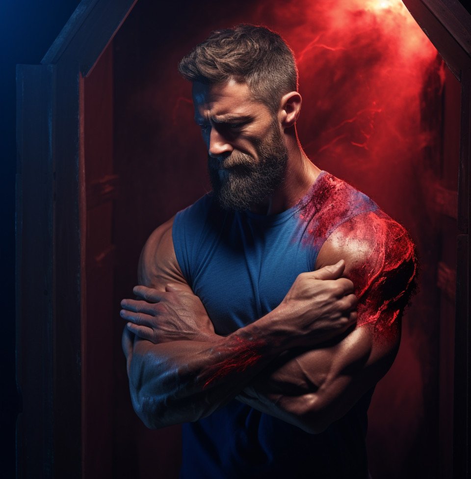 Muscular man holding his arm with pain