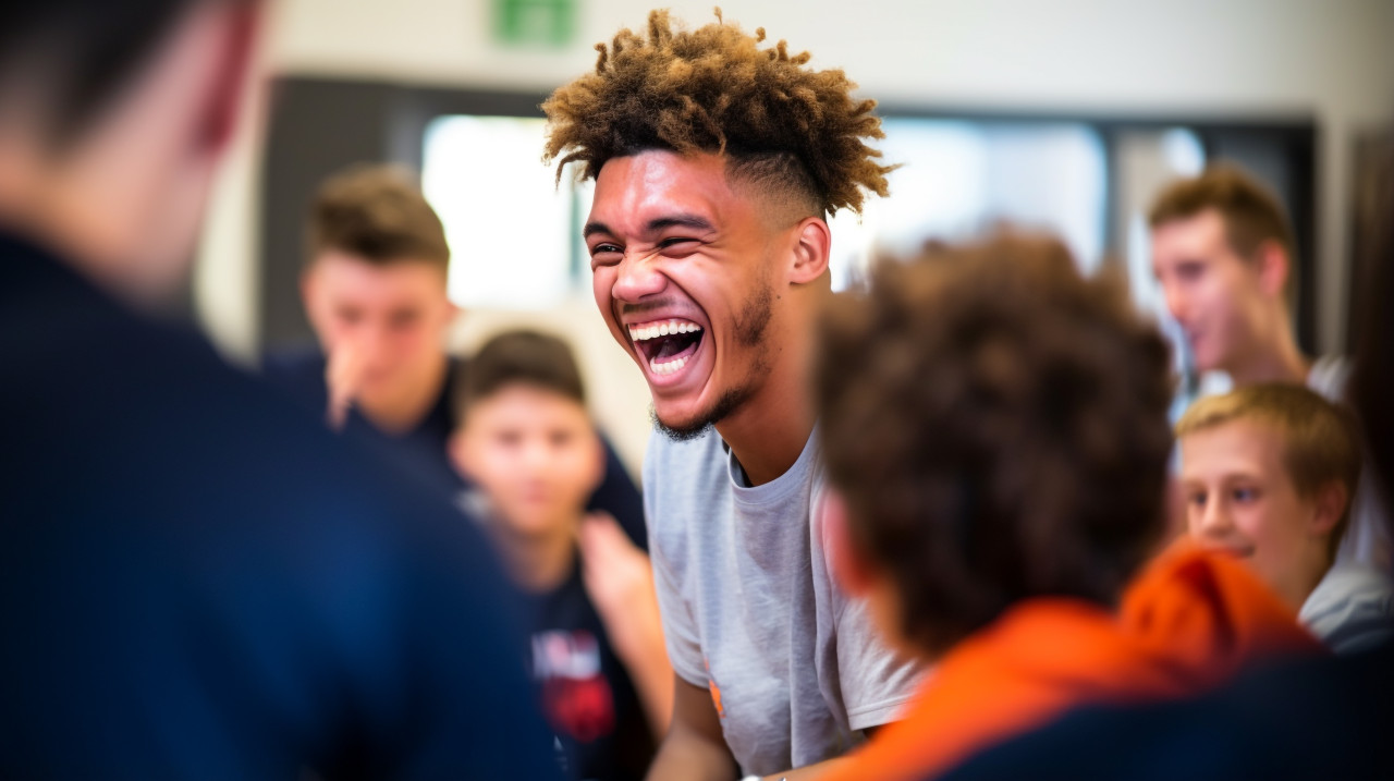 Laughing child playing with dog