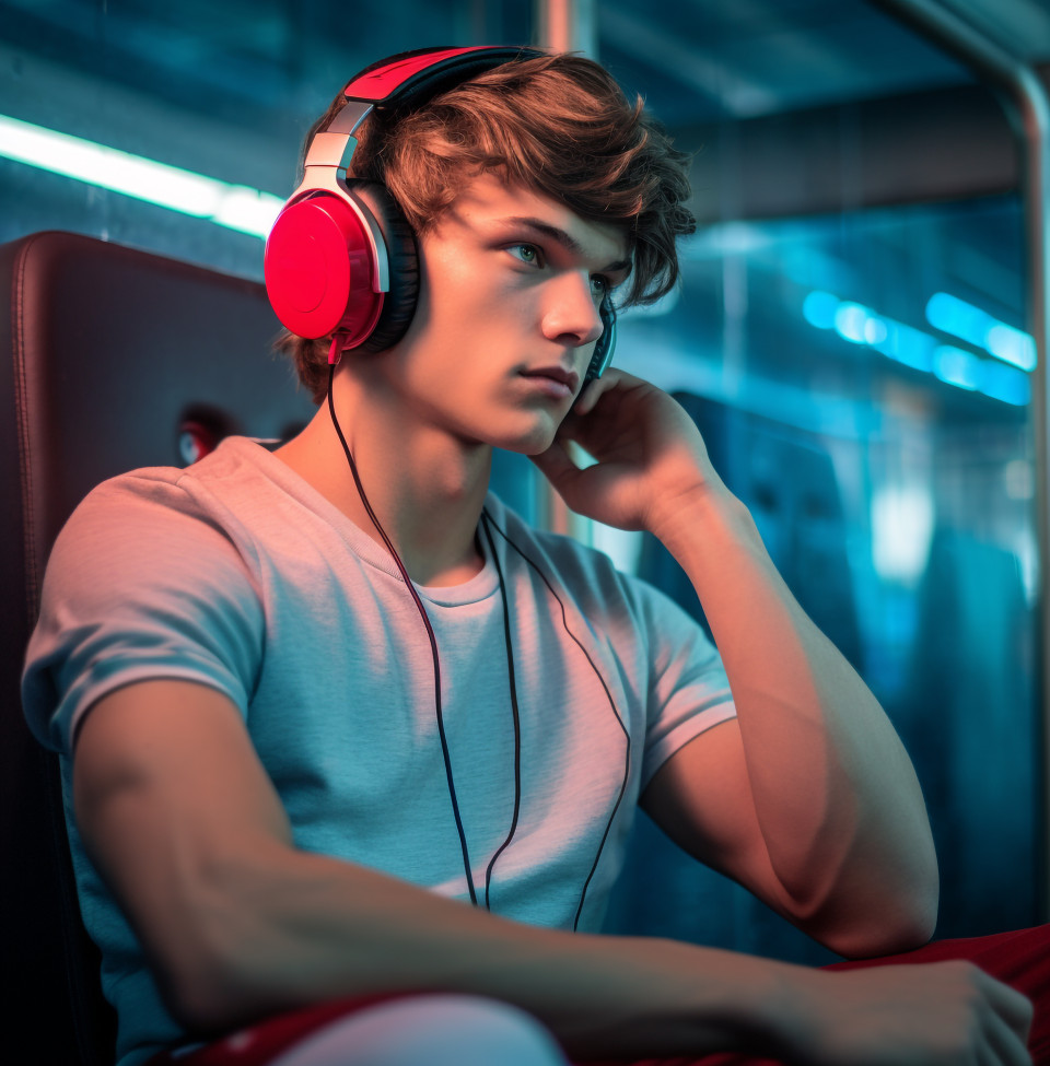 A young athlete is wearing a hoodie and headphones while listening to music during a flight.