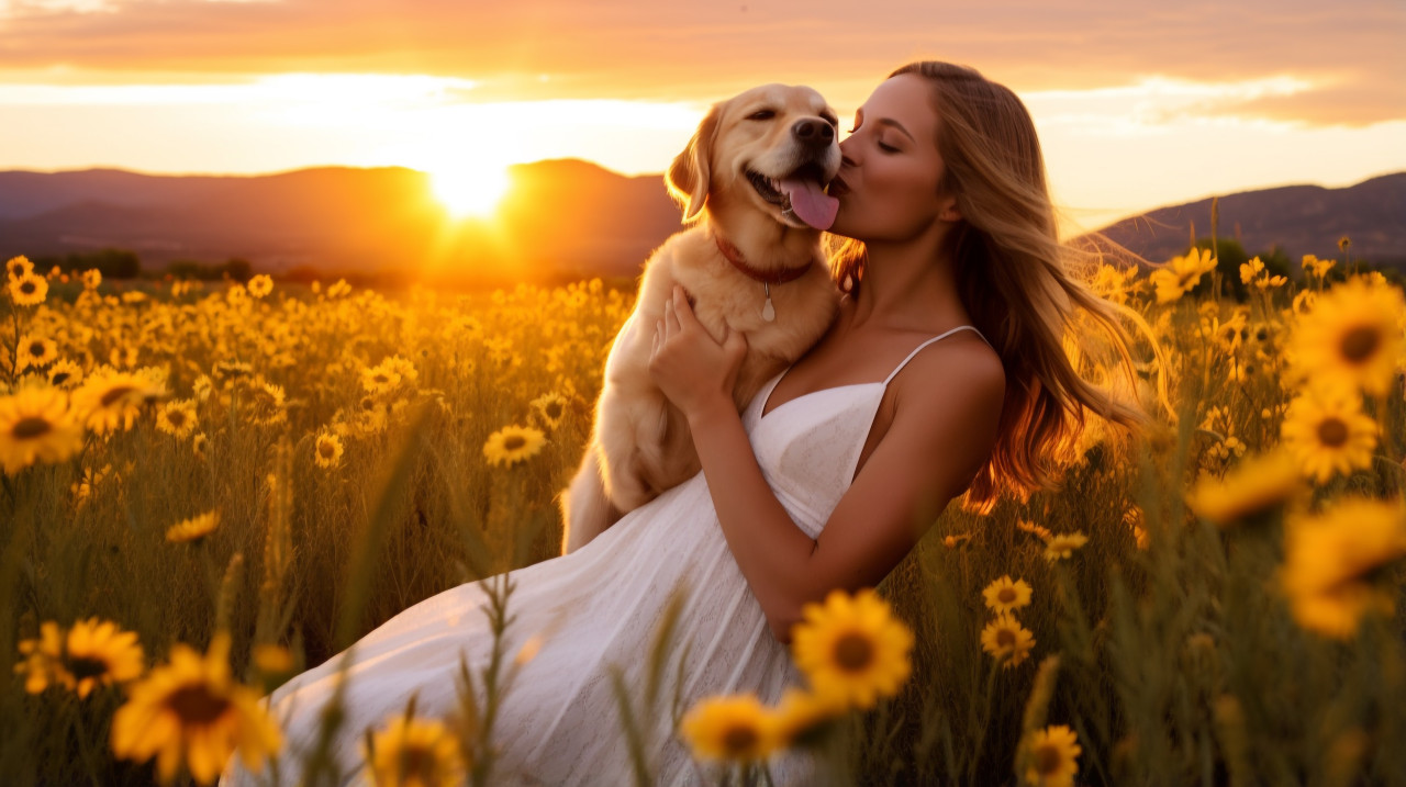 Adorable girl with golden retriever