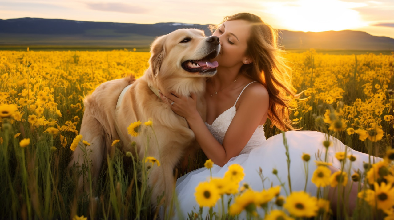 A young girl in a white dress is hugging a golden retriever in a field of wildflowers