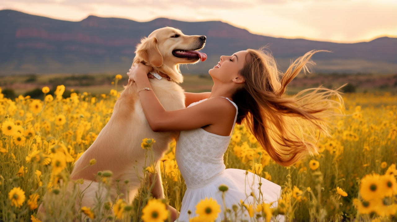 Golden retriever and girl in field of flowers