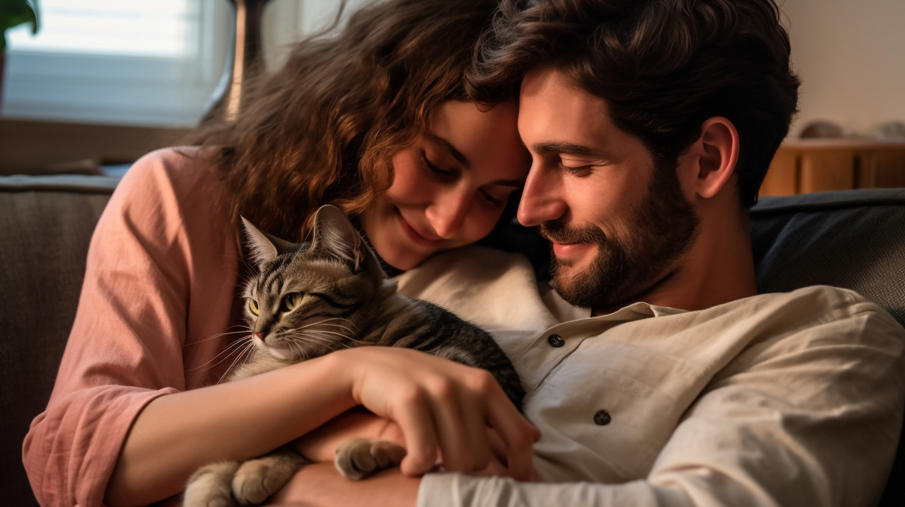 A young couple is sitting on the couch hugging their cat