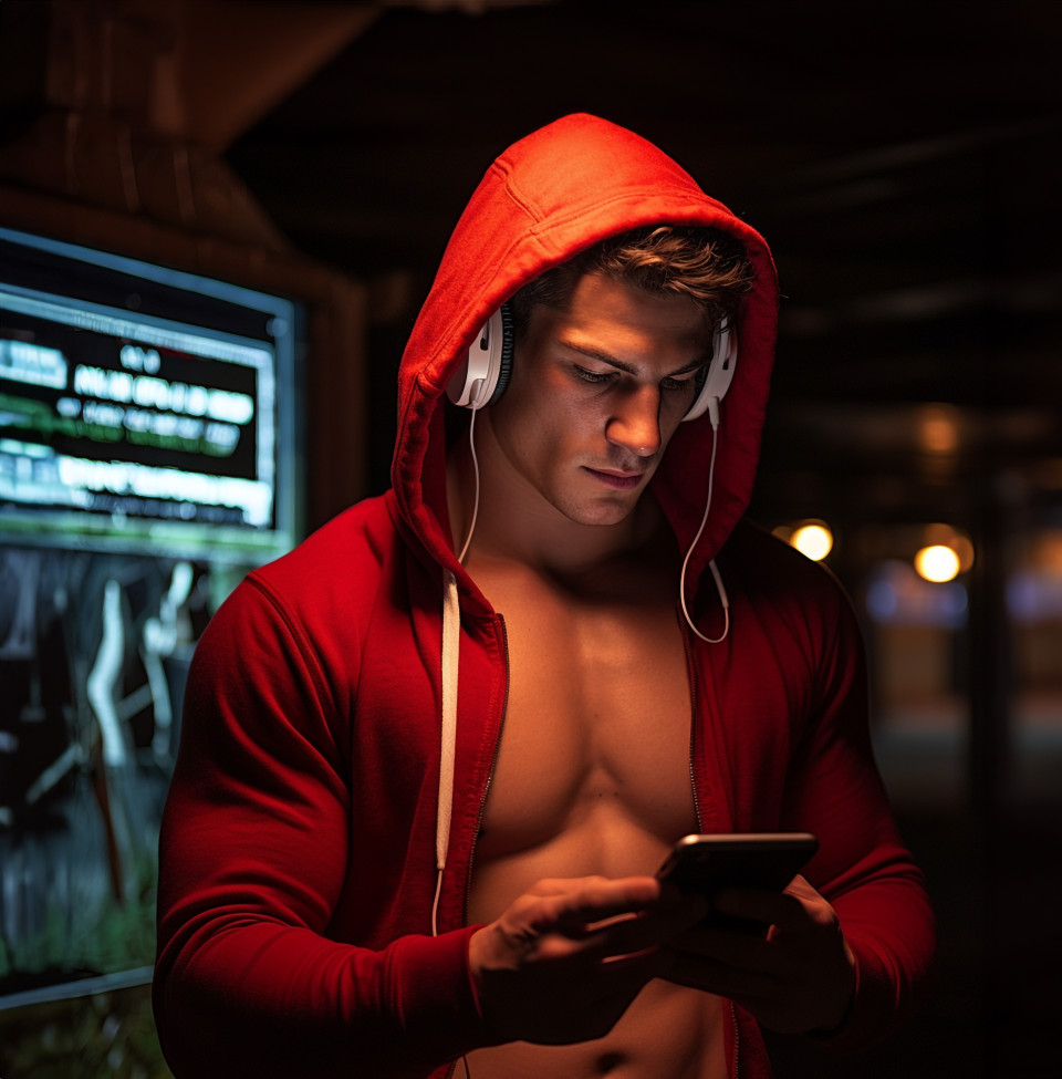 Young man in red hooded jacket doing cardio workout
