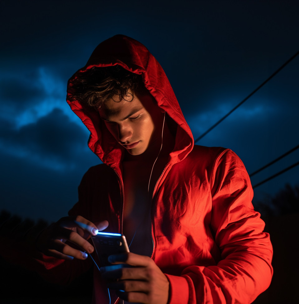 Young man in red hoodie running on treadmill