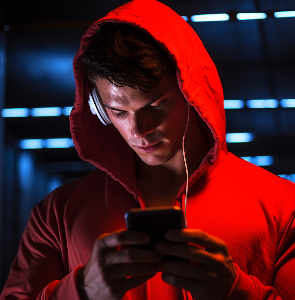 Male runner in red jacket sprinting on track