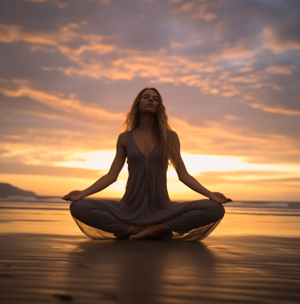 Girl practicing yoga on beach at sunset yoga