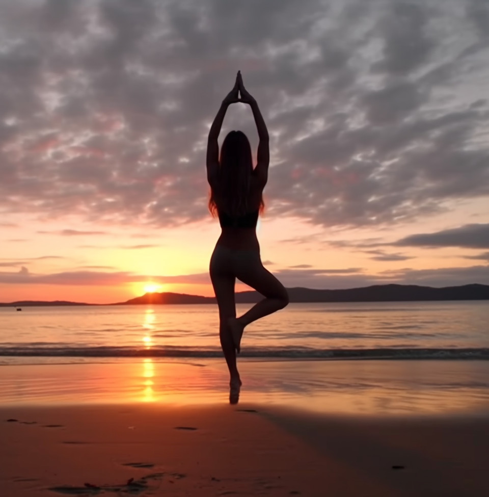 Woman practicing yoga at beach sunset