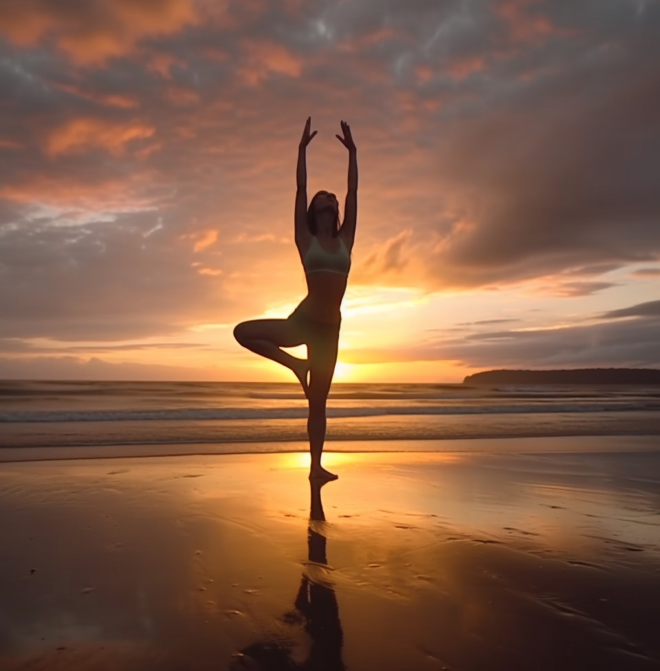 Woman practicing yoga at beach sunset