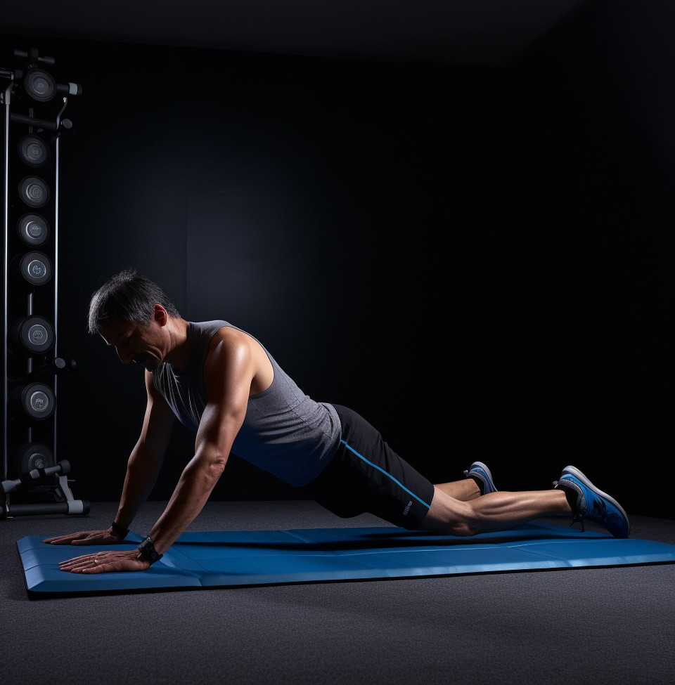 Man doing an exercise on his mat against a dark back background